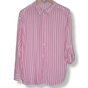 Fashion Nova Pink and White Striped Button Up Top, Size M